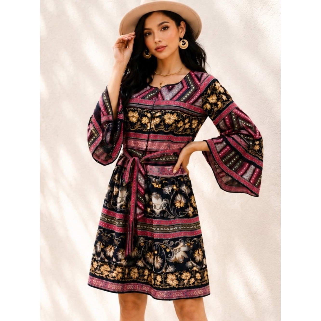 Pink Black Dress Long Bell Sleeves Waist Tie M Size